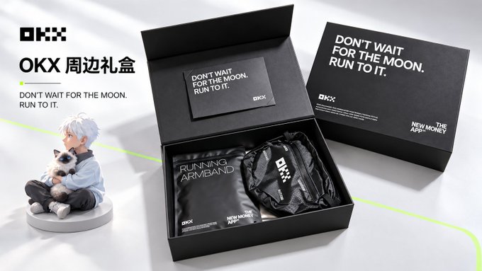An OKX branded merchandise gift box set featuring the slogan 'DON'T WAIT FOR THE MOON. RUN TO IT.' and 'THE NEW MONEY ARMY', containing a running armband and an anime-style figurine of a boy with a cat.