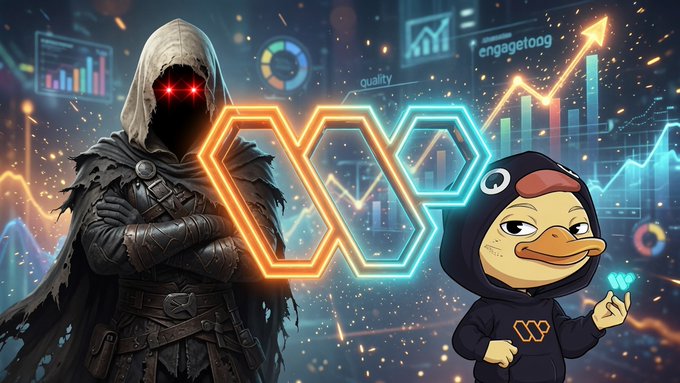 A dramatic digital artwork contrasting a hooded, red-eyed armored figure with a cartoon duck mascot, surrounded by glowing neon hexagonal logos, charts, and the word 'engagetoog' in the background.