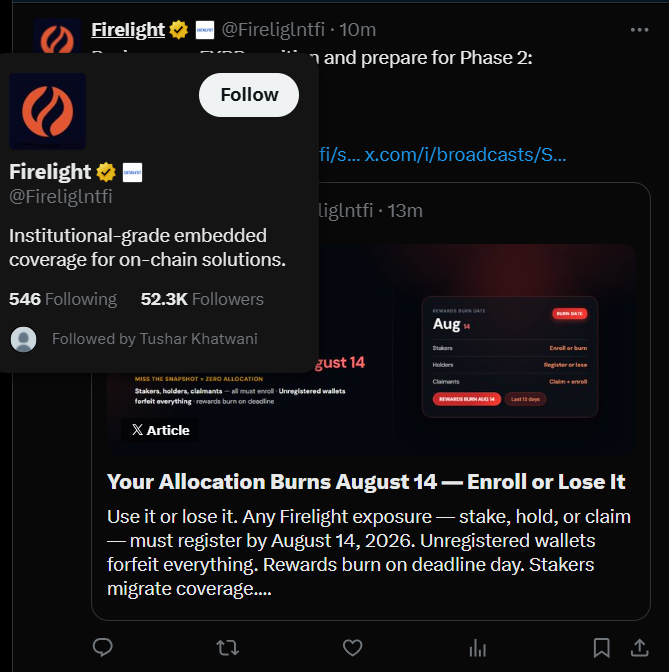 A screenshot of the 'Firelight' Twitter/X profile with 52.3K followers, announcing 'Institutional-grade embedded coverage for on-chain solutions' and a community burn date of August 14.