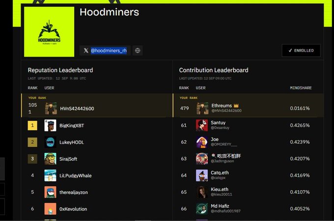 A leaderboard for 'Hoodminers' (@hoodminers_rh) showing reputation and contribution rankings, with 'Ethereums' ranked 479th and users like 'BigKingXBT' and 'LukeyHODL' visible.