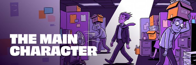 An illustrated cartoon image depicting office workers carrying boxes, captioned 'THE MAIN CHARACTER' in bold white text.