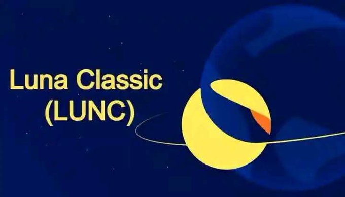 A promotional image for Luna Classic (LUNC) cryptocurrency, displaying the token name in yellow text alongside its logo featuring a yellow crescent moon on a dark blue background.