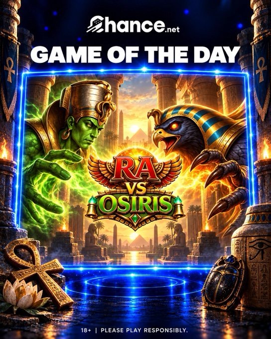A digital advertisement for a 'Game of the Day' on Chance.net titled 'Ra vs Osiris', featuring Egyptian-themed slot machine artwork.