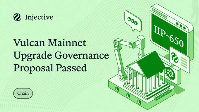 The image shows an infographic or poster with a green background, featuring an illustration of the Bitcoin address (VULCAN MAINNET), followed by text that says "VULCAN MAINNET UPDATING GOVERNANCE PROPOSAL PASSED". The elements are arranged in a visually appealing manner.