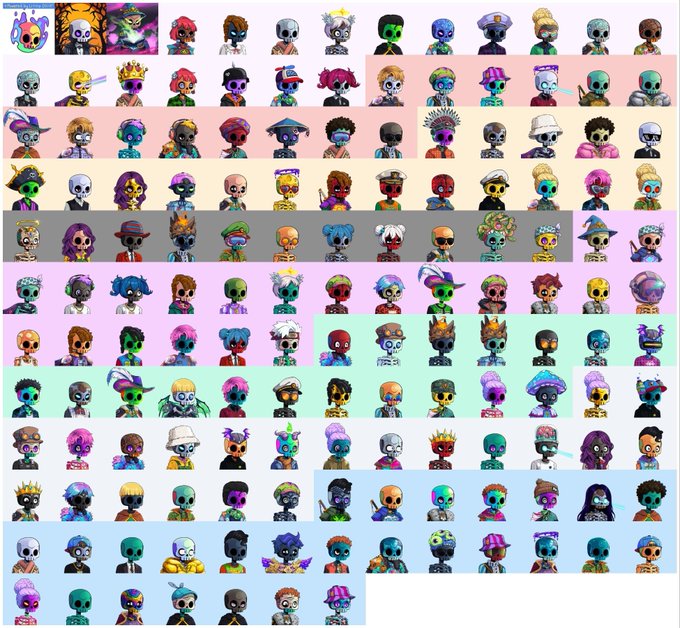 A colorful grid collection of stylized skull and character NFT avatars arranged in rows with pastel-colored backgrounds in pink, yellow, gray, purple, and blue sections.