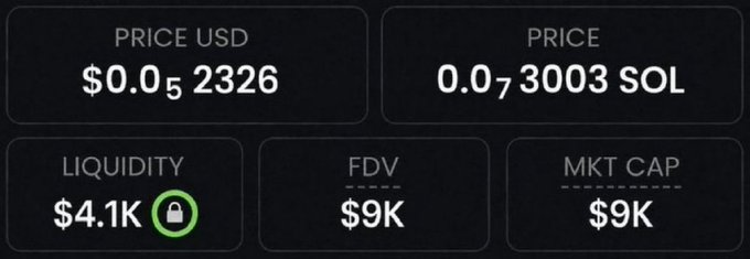 The image displays cryptocurrency metrics showing a token with a $0.05 USD price (0.073003 SOL), $4.1K liquidity, and both FDV and market cap at $9K, supporting the post's claim of a low-cap 1000x potential memecoin opportunity.
