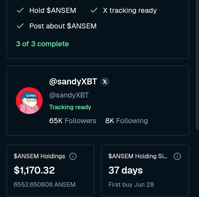 A crypto dashboard displays an @sandyXBT tracker account showing completed tasks (Hold $ANSEM, X tracking ready, Post about $ANSEM) with $1,170.32 in $ANSEM holdings held for 37 days since June 28, humorously illustrating the user's self-proclaimed status as an "$ANSEM bagworker."