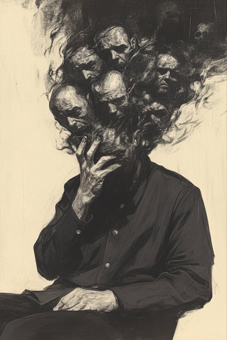 A dark, surreal black-and-white artwork depicts a seated man whose head is replaced by a chaotic mass of faces and figures, with his hand covering where a face should be.