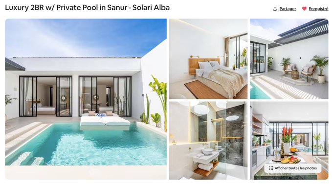 A webpage displays a 'Luxury 2BR w/ Private Pool in Sanur - Solari Alba' rental listing with photos of a modern villa, pool, and bedrooms.