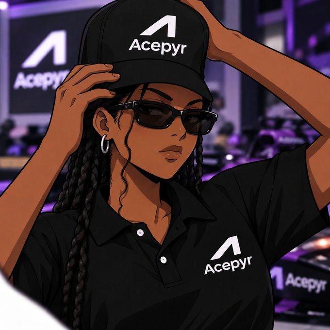 A stylized illustrated image of a woman wearing sunglasses and a black cap and polo shirt branded with the 'Acepyr' logo, set against a purple urban background.