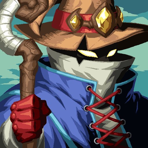 A pixel art illustration of a character wearing a wide-brimmed hat with gold gems, a face mask, a blue coat with red crisscross lacing, and holding a wooden staff.