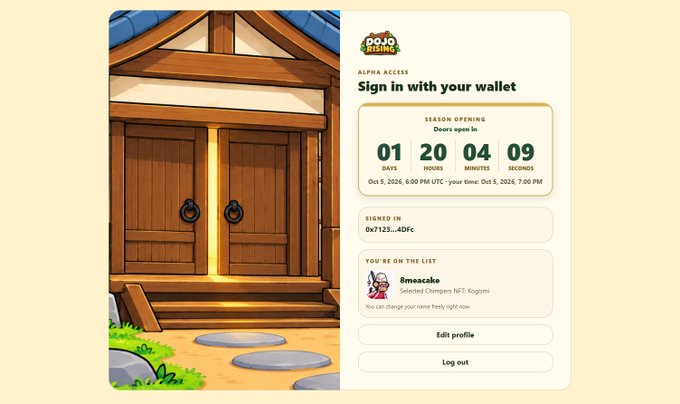 Screenshot of a Dojo Rising Alpha Access sign-in page showing a countdown timer (01 days, 20 hours, 04 minutes, 09 seconds) until doors open on Oct 5, 2026, with signed-in wallet 0x7123…4Dfc and selected Chimpanzee NFT Kogomi.