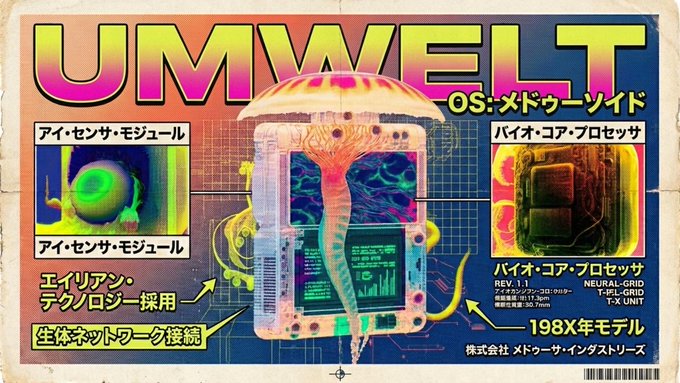 A retro-futuristic Japanese-style poster titled 'UMWELT' advertising '198X年モデル' cyberpunk technology with Japanese text describing eye sensors, bio-core processors, and alien technology adopting biological network connections.
