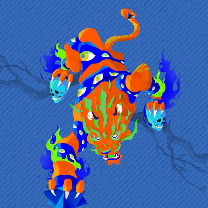 A vibrant illustration of a mythical orange and blue beast with multiple eyes, flaming mane, and clawed paws perched on a tree branch against a blue background.