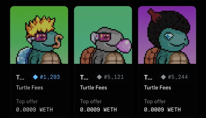 Three cryptocurrency NFT listings for 'Turtle Fees' featuring pixel-art turtle avatars, showing ranks #1,293, #5,121, and #5,244, each with a top offer of 0.0009 WETH.