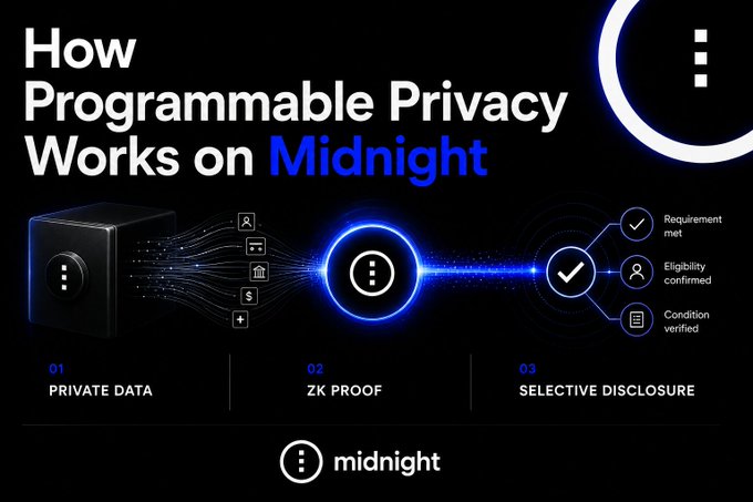 A digital infographic titled 'How Programmable Privacy Works on Midnight' showing three steps: 01 Private Data, 02 ZK Proof, and 03 Selective Disclosure with checkmarks for 'Requirement met', 'Eligibility confirmed', and 'Condition verified'.