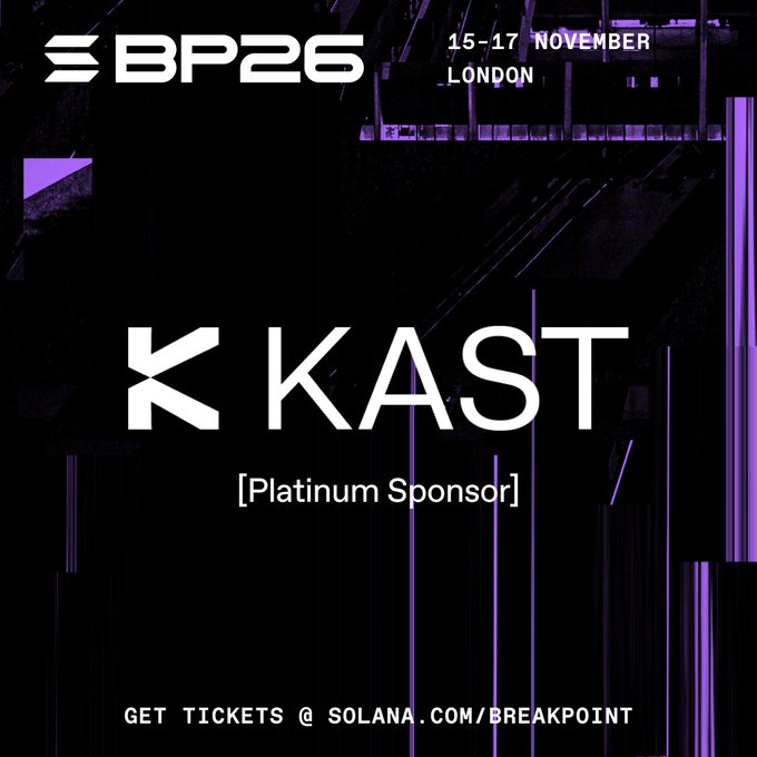 A promotional image for K KAST [Platinum Sponsor] at BP25, scheduled for 15-17 November in London, directing viewers to solana.com/breakpoint for tickets.