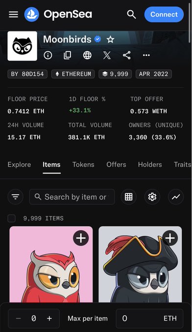 A screenshot of the OpenSea marketplace showing the Moonbirds NFT collection with a floor price of 0.7412 ETH, displaying pixel art owl avatars.