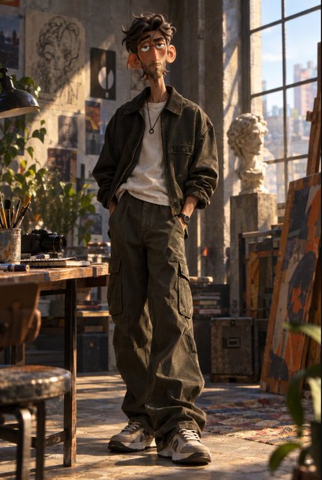 An animated artist with dark hair and a green jacket stands in a sunlit studio filled with paintings, plants, and sculptures.