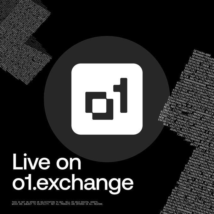 The image is a black and white illustration of an advertisement for O.1.exchange, featuring the company's logo (a square with a letter "O" surrounded by lines) at the center. The text "Live on exchange", as well as additional information about the product being sold, are displayed around the logo in the foreground, emphasizing its purpose and features.