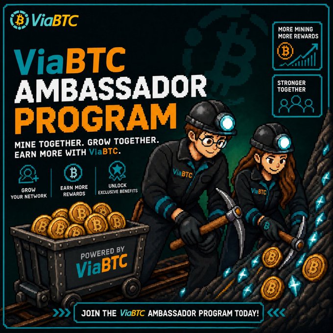 An advertisement for the 'ViaBTC Ambassador Program' featuring cartoon miners in a dark mine with a cart full of Bitcoin, text reading 'MINE TOGETHER. GROW TOGETHER. EARN MORE WITH ViaBTC', and a call to 'JOIN THE ViaBTC AMBASSADOR PROGRAM TODAY!'.