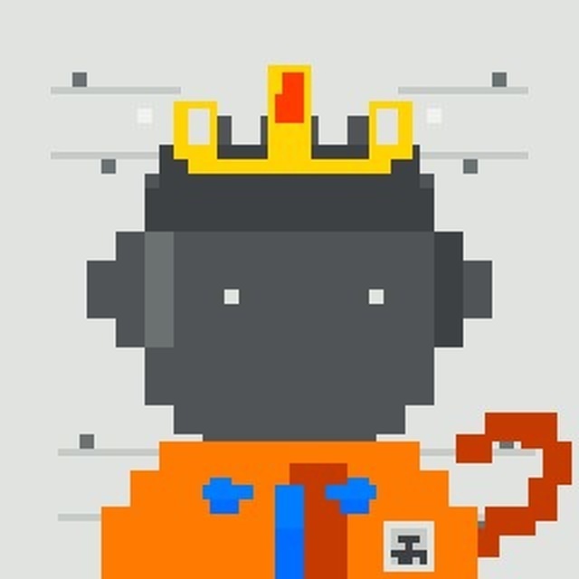 A pixel art illustration of a dark-skinned character wearing a yellow crown and orange jumpsuit with a blue cross, holding a red item, set against a light gray background with white horizontal lines.
