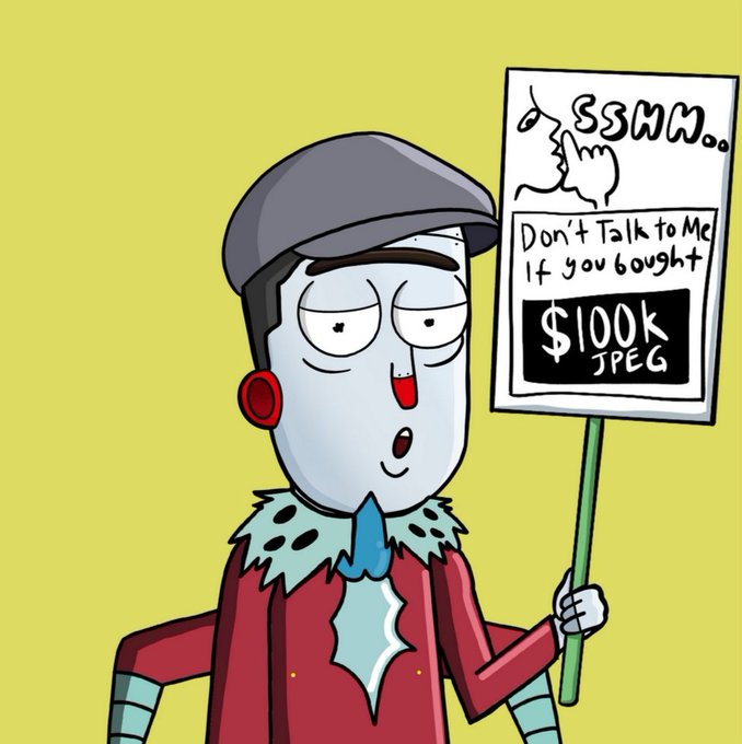 A cartoon character wearing a flat cap and ruffled collar holds a sign reading "SSSHH... Don't Talk to Me If you bought $100k JPEG," with the post tying the image to the @GodHatesNFTees account by mocking people who spend large sums on NFT art.