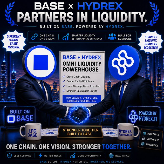 A promotional graphic titled 'BASE x HYDREX PARTNERS IN LIQUIDITY' showing two suited figures with Base and Hydrex logos shaking hands, surrounded by text like 'OMNI LIQUIDITY POWERHOUSE', 'LFG BASE', and 'HYDREX EVERYWHERE'.