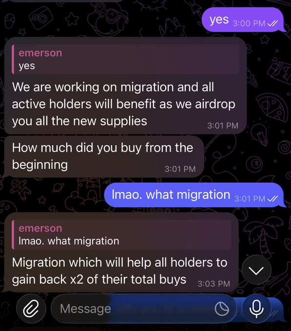 A chat screenshot between a user and 'emerson' discussing a cryptocurrency 'migration' and 'airdrop', with the user questioning 'what migration'.