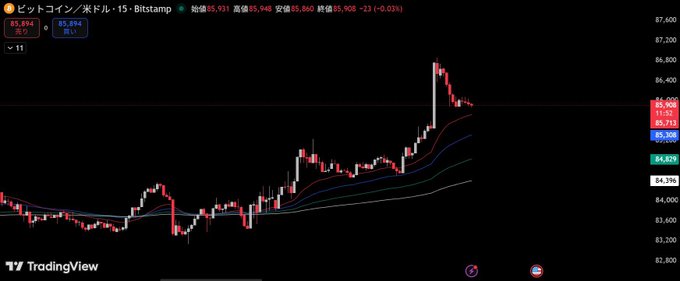 A TradingView candlestick chart on a black background shows a Bitcoin/USD pair (Bitcoin/USD on Bitstamp) with Japanese text, displaying price levels around 85,890 and -23% (-0.03%).