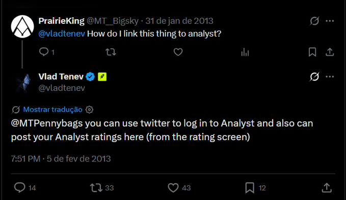 A Twitter/X exchange between user PrairieKing (@MT_Bigsky) asking Vlad Tenev (@vladtenev) 'How do I link this thing to analyst?', to which Vlad Tenev replies explaining how to use Twitter to log in to Analyst.