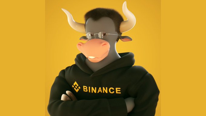 A 3D-rendered bull character wearing sunglasses and a black hoodie with the yellow Binance logo stands with arms crossed against a yellow background.