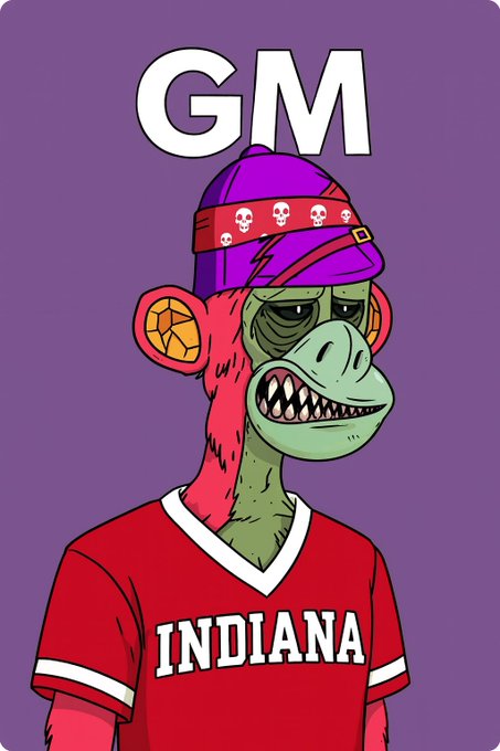 A cartoon illustration of a green monkey-like character wearing a purple beanie and a red 'INDIANA' t-shirt, with 'GM' written in large white letters at the top against a purple background.