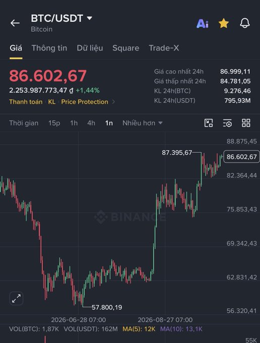 A Binance trading interface displays the BTC/USDT price at 86.602,67 USD with a +1.44% increase, showing a candlestick chart with recent highs around 87.395,67.