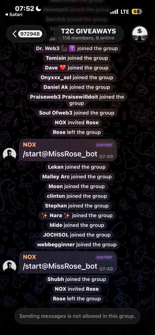 A screenshot of a Telegram group chat titled 'T2C GIVEAWAYS' with 118 members, showing multiple users joining the group and commands like '/start@MissRose_bot' from a user named NOX. The group is set so that sending messages is not allowed.