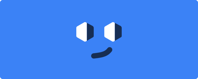 A blue background with a stylized face composed of two white and dark blue hexagonal eyes and a small dark blue smile.