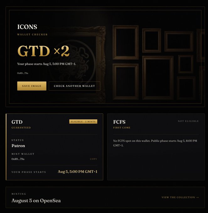 A digital wallet checker interface for 'ICONS' showing a 'GTD x2' (Guaranteed) status with the 'Patron' designation and a mint wallet address '0x89...79a,' with phases starting Aug 5, 5:00 PM GMT-1.