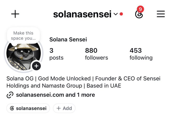 An Instagram profile for "solanasensei" (Solana Sensei) shows 880 followers, 453 following, and 3 posts, with the bio describing them as a "Solana OG" and "Founder & CEO of Sensei Holdings," directly promoting the account the post encourages followers to visit.