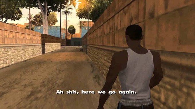 A character from the video game Grand Theft Auto: San Andreas stands in an alley wearing a white tank top, with the iconic subtitle "Ah shit, here we go again." displayed at the bottom.

The meme humorously expresses frustration at having to repeat the same transaction process, as the explorer links suggest viewing the same fee-payer, sample transaction, and collector multiple times.