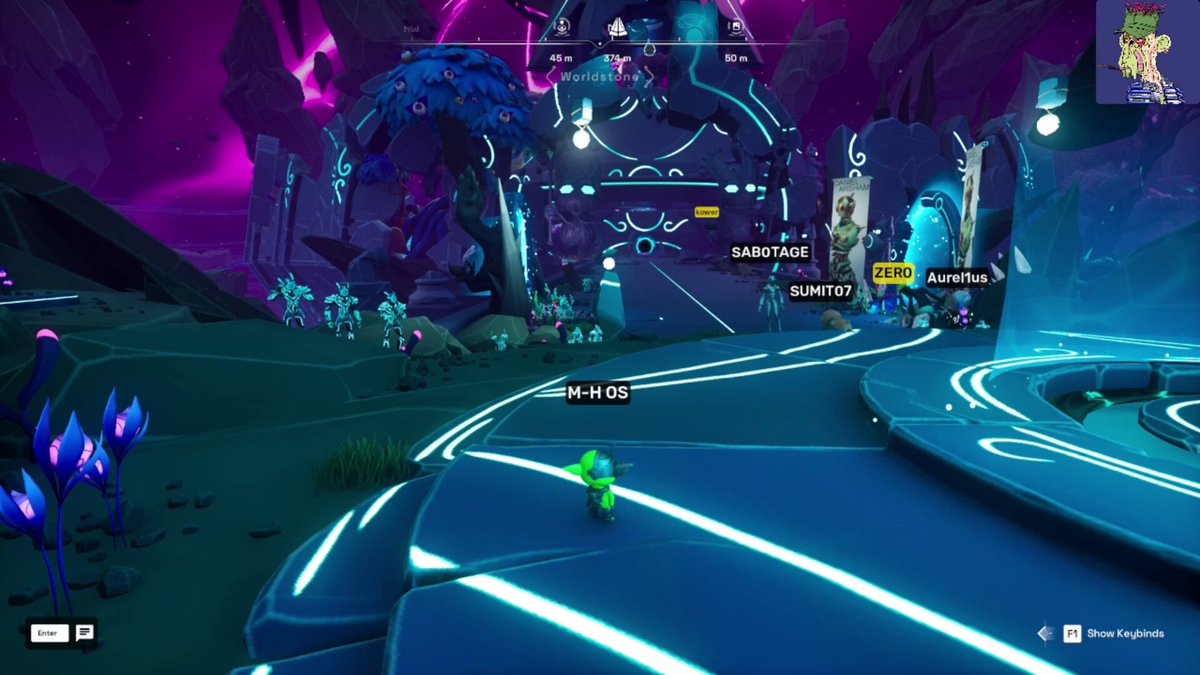 The image shows an avatar from the game "Day 56" on the Otherside Meta server, with a green color scheme. The avatar has a smooth movement and great mobility as they traverse through various landscapes within the game. They have completed daily tasks such as Cloud Chasing and cleaning up sludge across the Swamp Captured another.