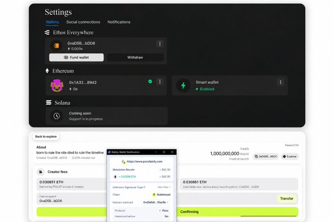 A screenshot of a cryptocurrency wallet settings page showing connections for Ethos Everywhere, Ethereum, and Solana, along with a pop-up window for 'publicstyle.fun' displaying a token launch simulation and transaction confirmation.