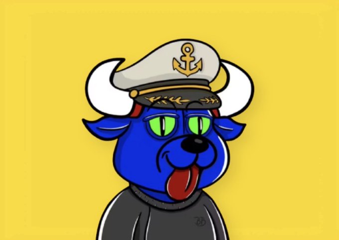 A cartoon illustration of a blue dog-like character wearing a white sailor captain's hat with a gold anchor emblem, sticking its tongue out against a yellow background.