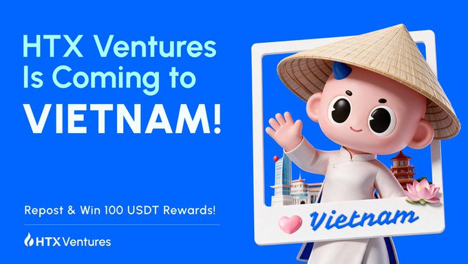 An HTX Ventures advertisement announcing 'HTX Ventures Is Coming to VIETNAM!' with 'Repost & Win 100 USDT Rewards!' featuring a cute 3D character wearing a Vietnamese nón lá hat.