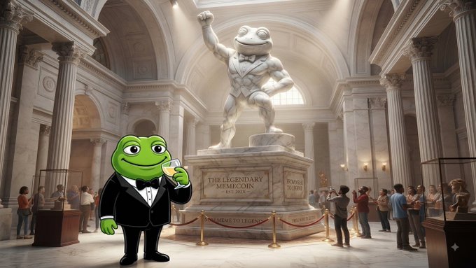 An AI-generated image of a Pepe the Frog character in a tuxedo holding a martini glass, standing in a grand museum hall before a statue of a muscular frog, with a plaque reading 'THE LEGENDARY MEMECOIN EST. 2013'.