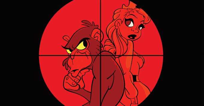 An illustration in a red sniper scope reticle showing two animated female characters, one with demonic features and yellow eyes, the other with red hair and a cape.