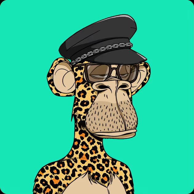 A cartoon illustration of a leopard-print monkey wearing a black captain's hat and dark sunglasses against a teal background.