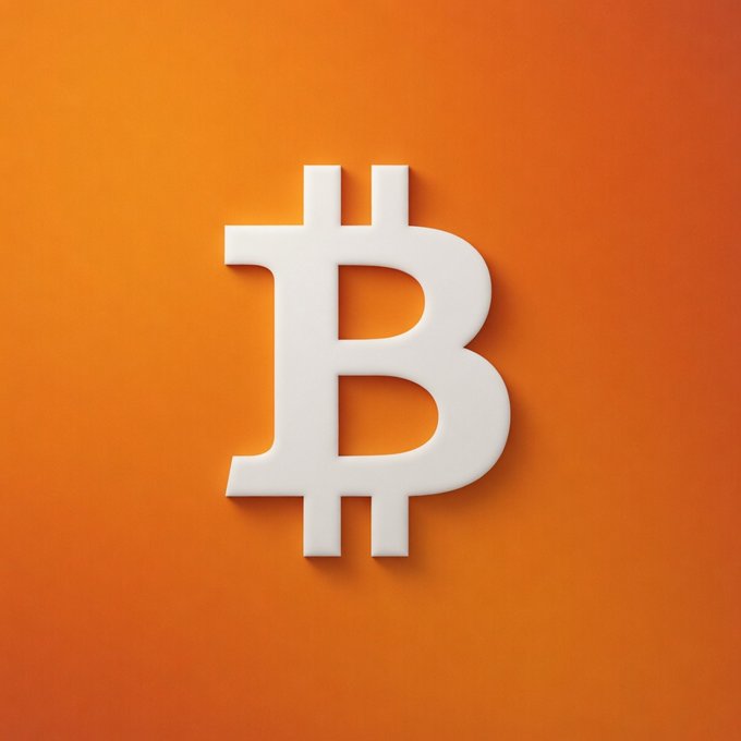 A 3D-rendered white Bitcoin (₿) symbol on a gradient orange background.
