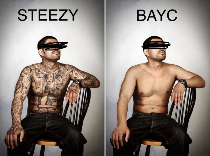 A side-by-side meme comparing two photos of a man sitting on a chair with his face scribbled out; the left photo shows him heavily tattooed with the label 'STEEZY', while the right photo shows him clean with the label 'BAYC'.