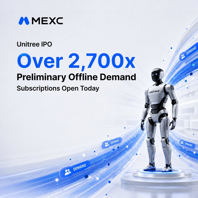 A MEXC promotional graphic featuring a humanoid Unitree robot and text announcing 'Unitree IPO - Over 2,700x Preliminary Offline Demand - Subscriptions Open Today'.