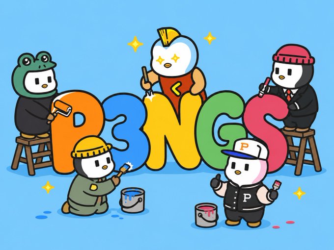 A colorful cartoon illustration features five penguin-like characters in various outfits painting large block letters that spell "BINGS" against a blue background with sparkles.